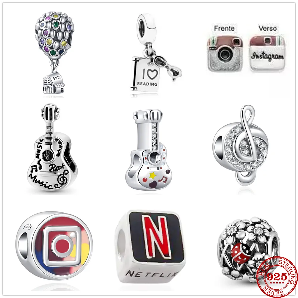 Charm-Perlen aus 925er-Silber, baumelnd, neue Ballon-Gitarrennoten, spiritueller Garten, passend für Pandora-Charm-Armbänder, DIY-Schmuckzubehör