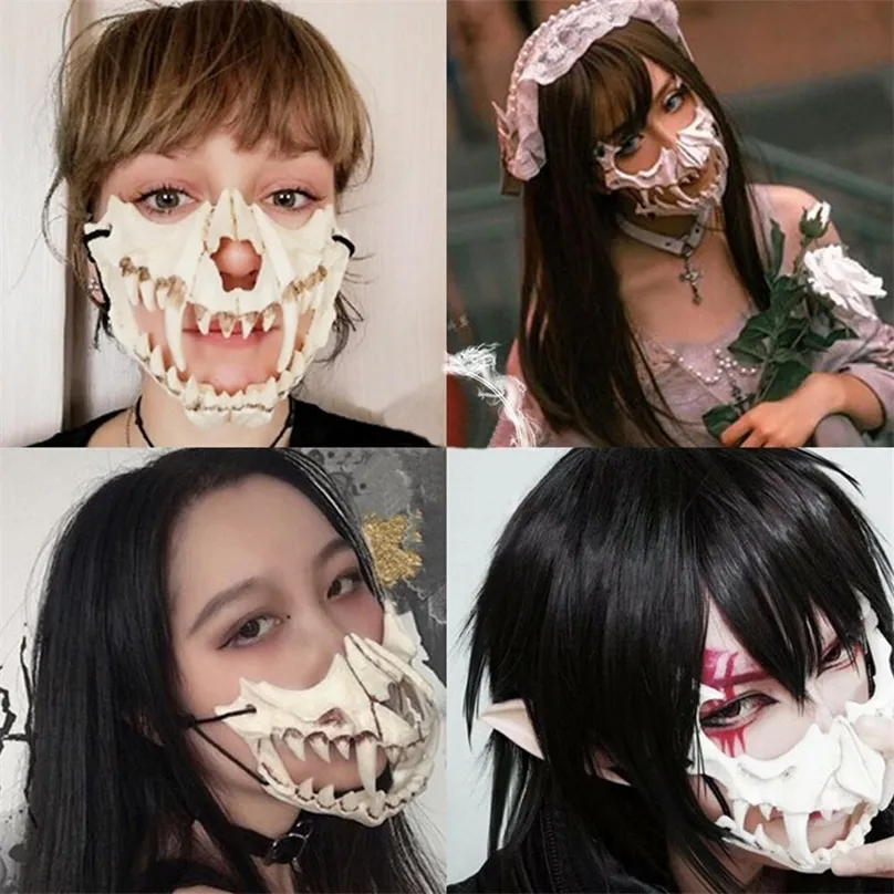 Party Demon Samurai Dragon Bone Yasha Tengu Tiger Skull Half Face Cover Halloween Masquerade Cosplay Costume Mask Prop 220707