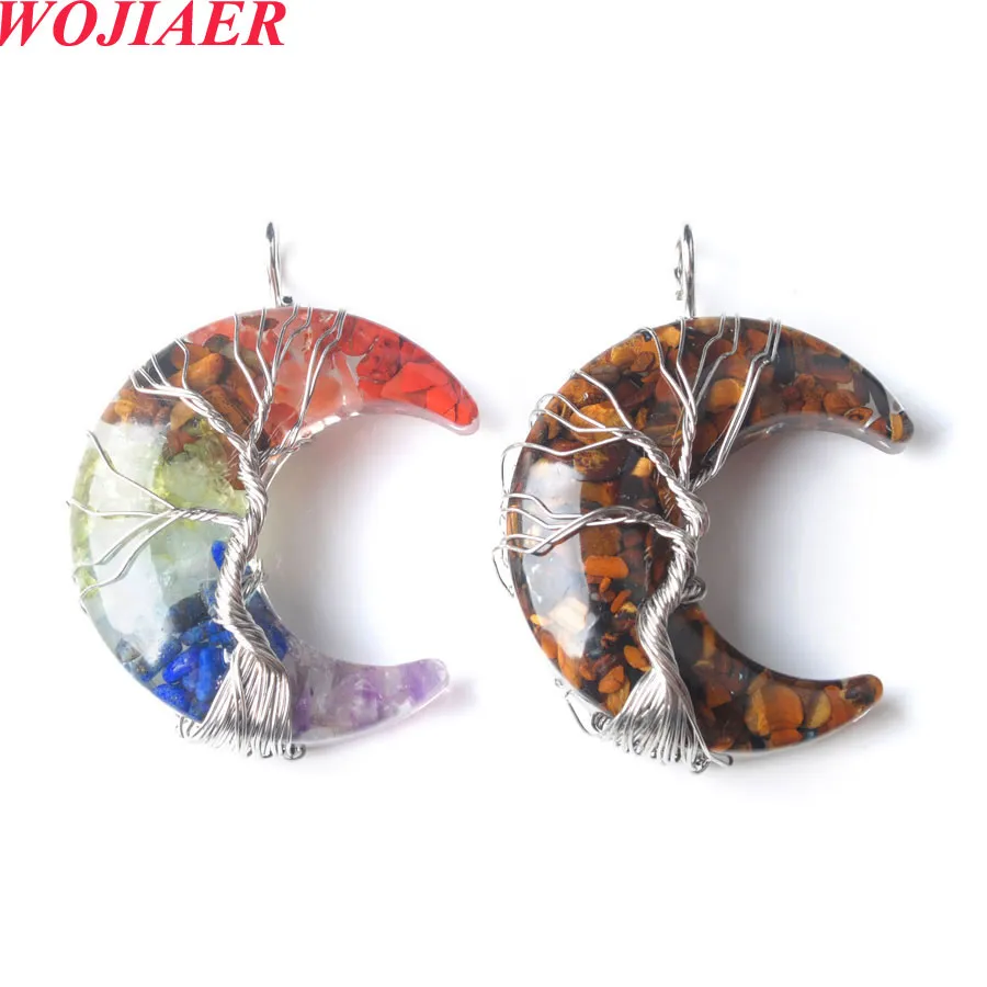 Natural Stone Moon Tree of Life Pendant Crystal Craft Gift Chip Gem smycken Tillbehör BO980