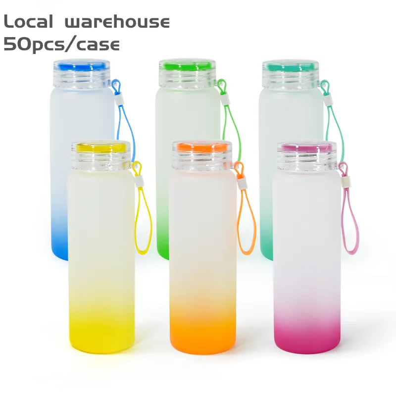 US WAREHOUSE 500ml Sublimation Gradient Color Glass TUMBLER Creative Sequins Bottle Summer Drinkware with lid and handle NEW ARRIVAL