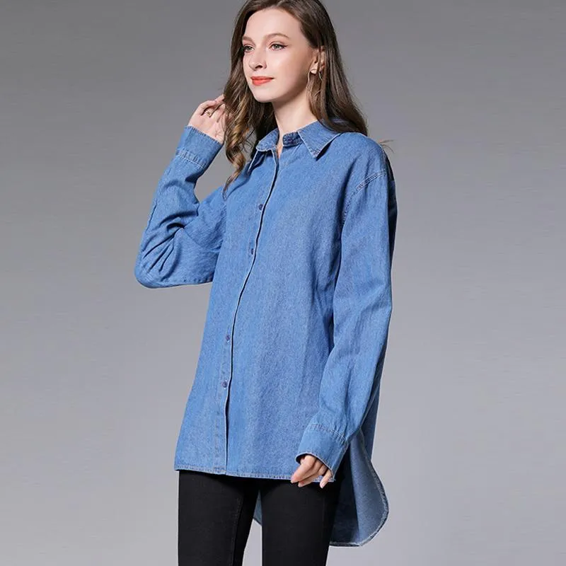Camisas de blusas para mujeres Marca de moda de alta calidad 2022 Temprano en la primavera Gran tamaño impresión Camisa de vaquero Bloquea de cuello giratorio