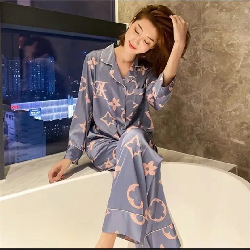 Womens Pajamas Silk Pajamas Cartoon Home Wear Lingerie Sexy Sleepwear Nightwear Plus Size Lingere Trouser Suits Womens Suit 220527