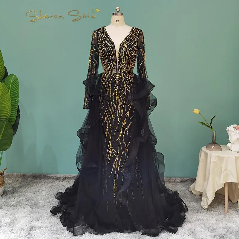 Robes de soirée de luxe Dubai noir et or robe de soirée musulmane avec jupe à manches longues arabe bleu femmes formelles pour la fête de mariage