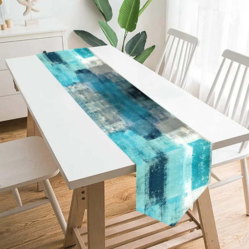 Tischläufer im modernen Kunst-Stil, doppelschichtig, blaugrün, Tischläufer für Küche, Abendessen, Tischdecke, Tischset-Dekoration 220728