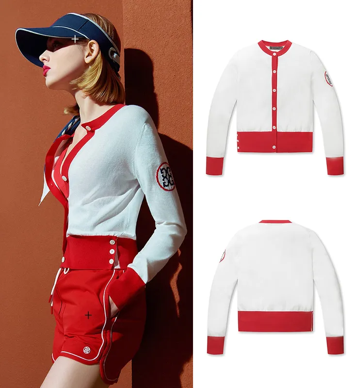 Golf gömlekleri kadınlar moda örgü hırka beyaz kırmızı kontrast renk düğmesi açık spor örgü uzun kollu 220712
