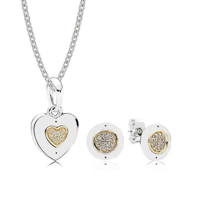 NEW Book Di 100% 925 Sterling Silver 14K gold color Signature Necklace and Earring Set fit charm Necklace jewelry A Set AA220315