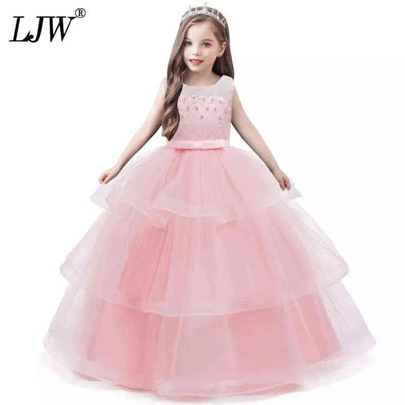 New Princess Lace Dress Kids Beading Flower Girls Dress For Girls Vintage Children Dresses For Wedding Party Formal Ball Gown Y220510
