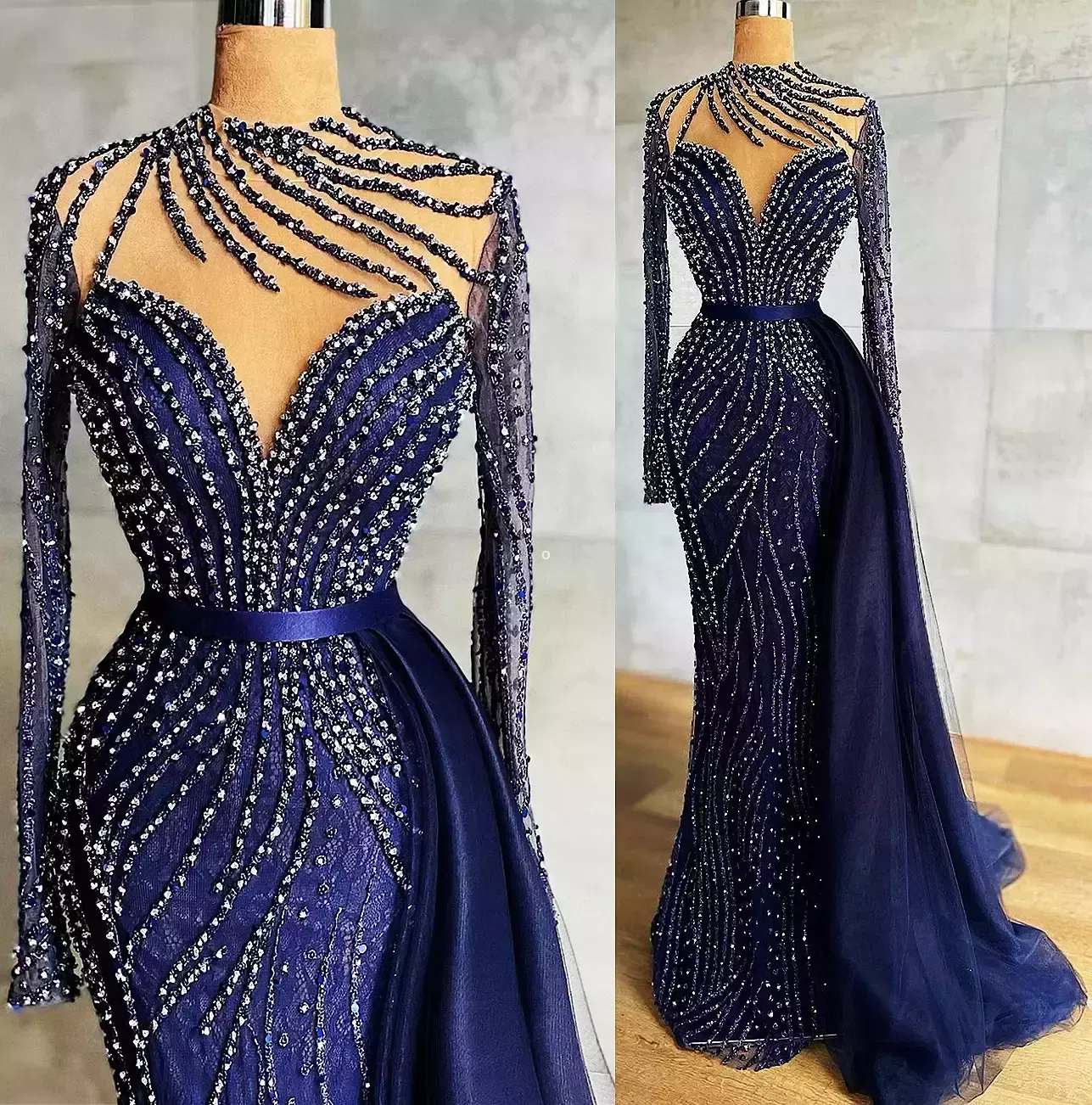 Size Plus Arabic Aso Ebi Navy Blue Luxurious Prom Dresses Beaded Mermaid Lace Evening Formal Party Second Reception Gowns Dress