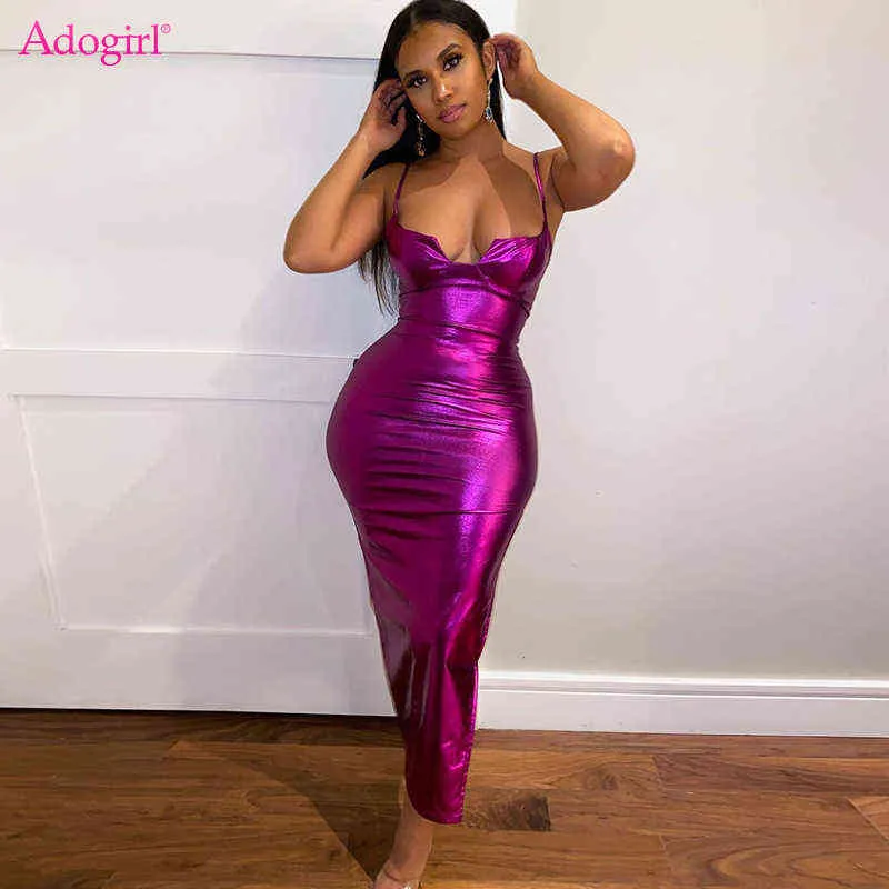 ADOGIRL REFLECTIVE Spaghetti Straps Maxi Dress for Women Hottie Sexig Low Cut Bustier Bodycon Split Club Party Vestidos Long Robe Y220401