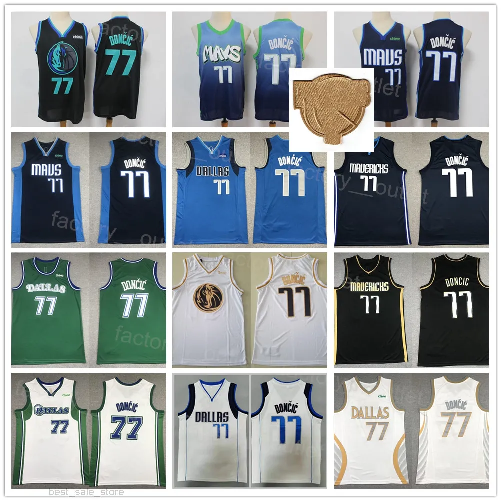 결승전 남자 농구 Luka Doncic Jersey 77 모든 스티치 팀 컬러 스포츠 팬을위한 흰색 녹색 검은 색 네이비 블루 스포츠 팬 자수 순수한 면화