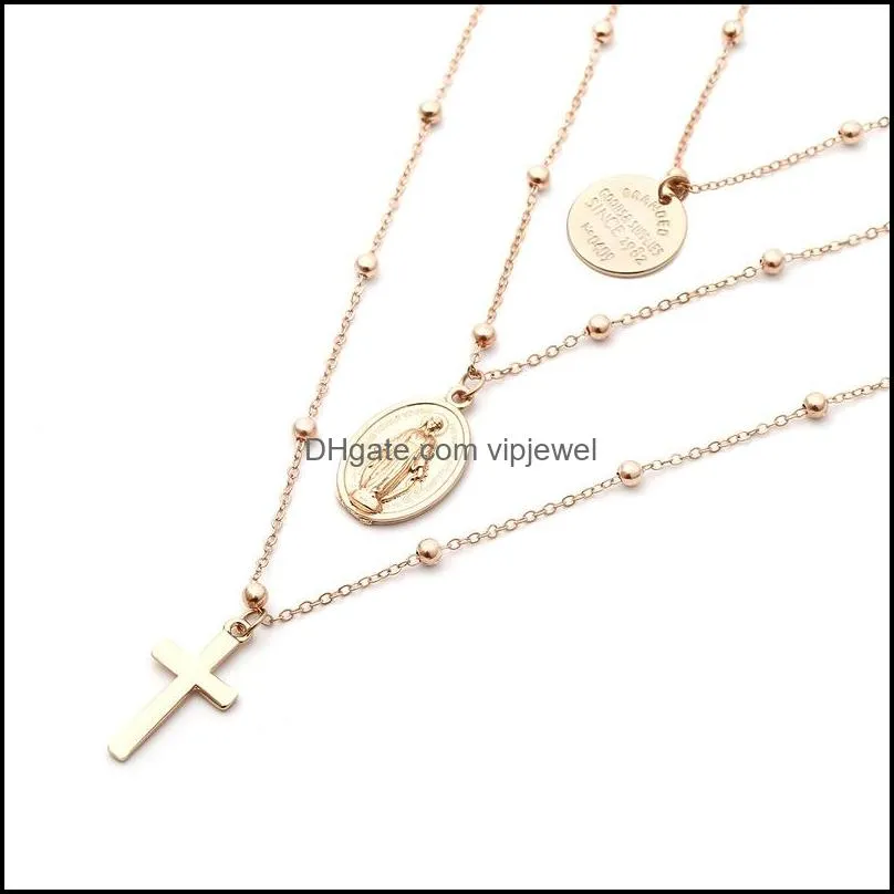 hot fashion silver gold beads sequins multilayer necklace metal cross pendant chokers necklaces for women jewelry kka6205