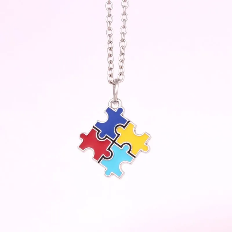 Pendentif Colliers Autisme Puzzle Piece Four Color NecklacePendentif