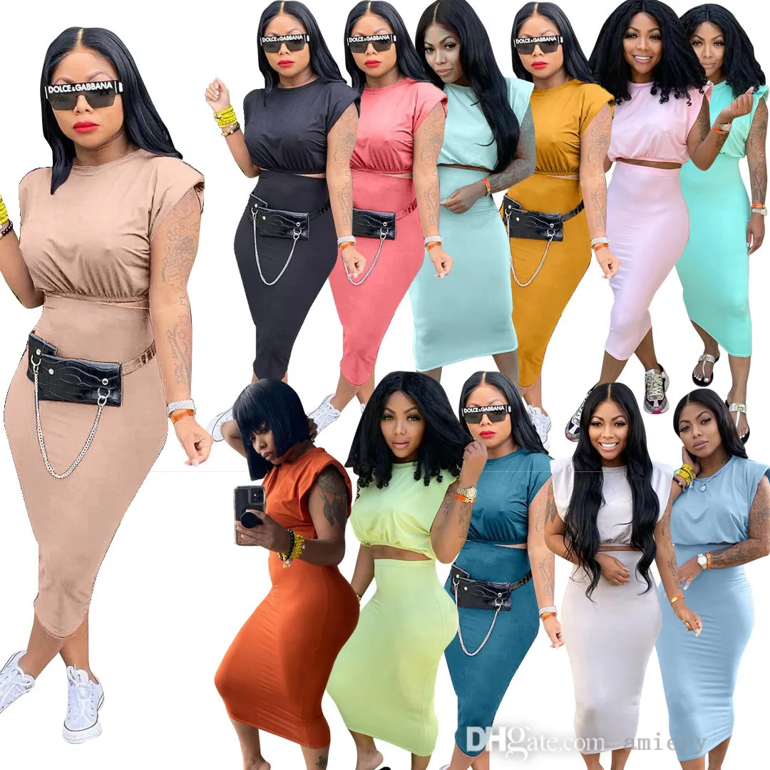 Summer Women Two Piece Dress Suit Sexy Sleeveless Shoulder Pad T-shirt One Step Skirt Versatile Fashion Casual Dresses S-XXL