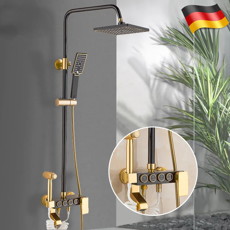 Zwarte gouden douchekraan Set Space Aluminium Regenval Badkamer Douchemixranen met bidet Bidet Bidet Koud Water Mixer Tap