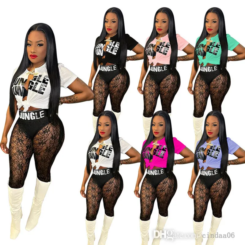 2022 Sexy Designer Damen Zweiteilige Hosen Set Unregelmäßige Split Brief Gedruckt T-shirt Spitze Perspektive Sheer Yoga Hosen Outfits