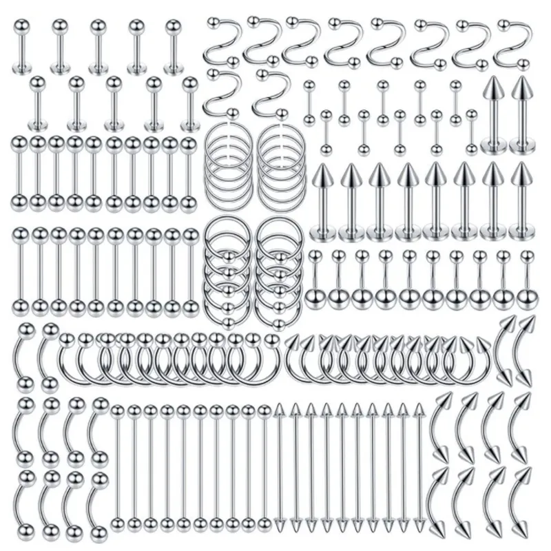 150pcs Paslanmaz Çelik 20G 14G 16G Dudak Kıkırdak Dil Kaş Gövdesi Göbek Düğmesi Halkası Piercing Mücevherat