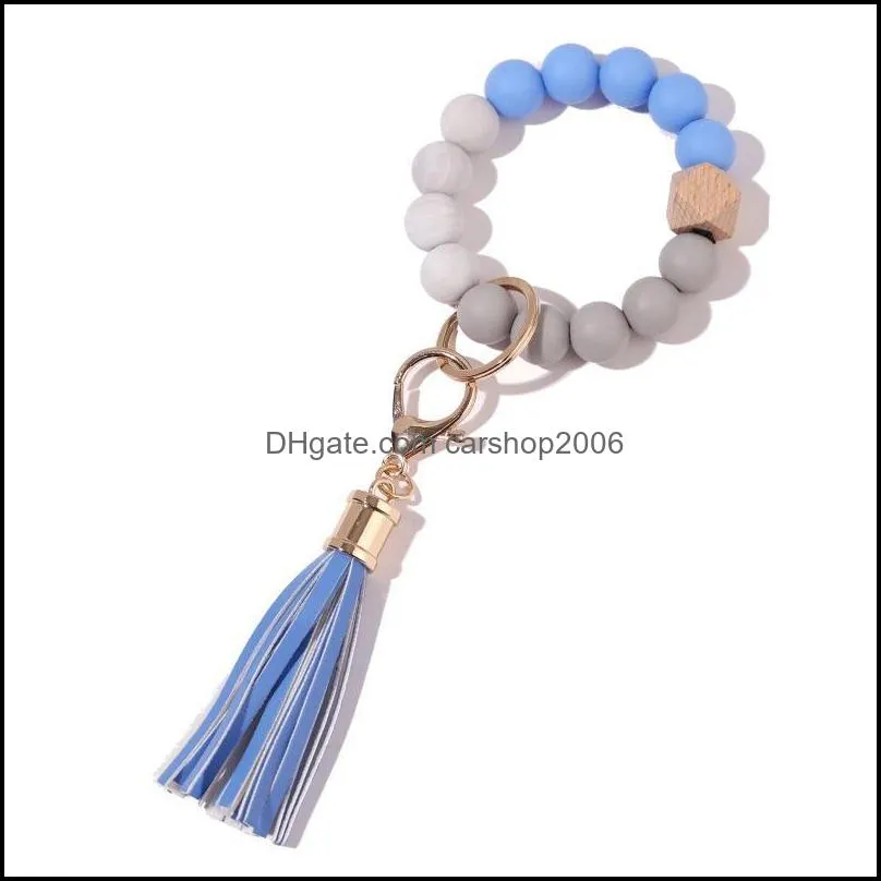 wristlet keyring bracelets keychain silicone wooden beads pu leather tassel pendant bag charms jewelry portable anti lost wrist key