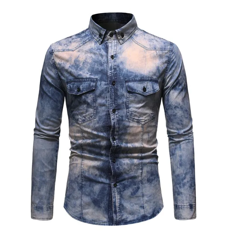 Casual shirts voor heren pure katoenen denim shirt mannen lange mouw gewassen vintage voor 2022 lente blauwe retro shirtsmen's