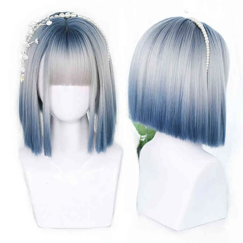 Cheveux raides courts Bob perruque synthétique femme bleu dégradé naturel noir Cosplay Lolita Party 220622