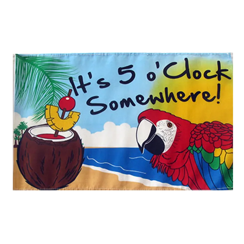 Es ist 5 Uhr Flagge, KOSTENLOSER Versand, direkter Fabrikgroßhandel, 3 x 5 Fuß, 90 x 150 cm, 100 % Polyester, Somewhere Party Papageien-Banner für hängende Dekoration