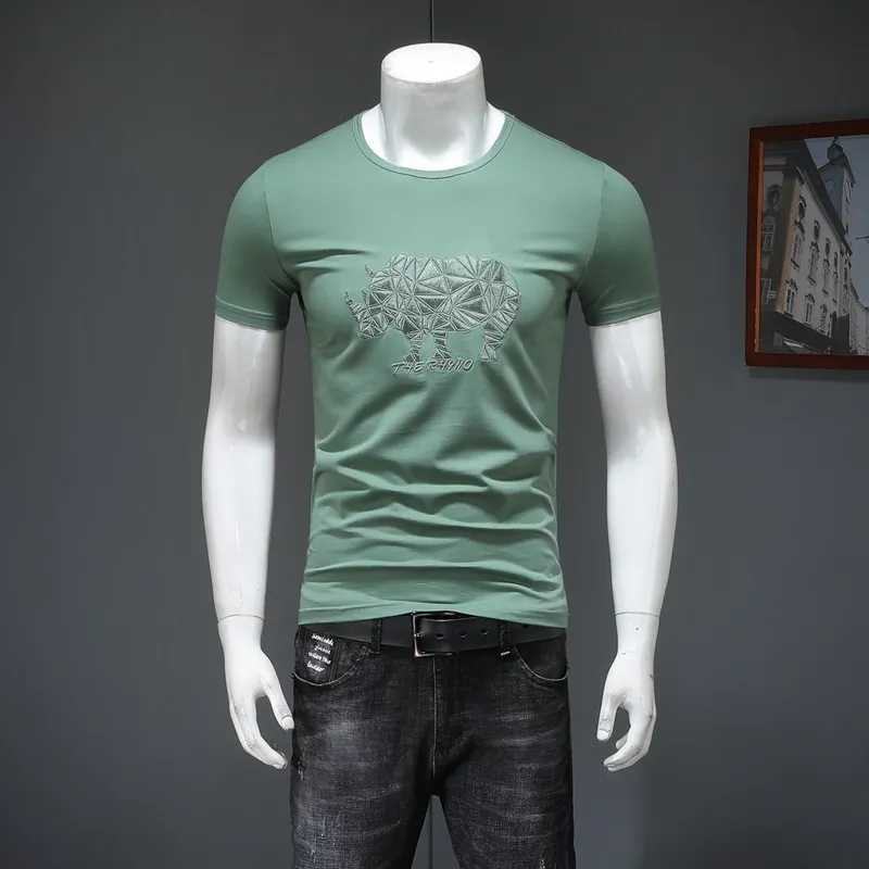 2022 été nouvelle mode hommes T-shirts rhinocéros motif broderie conception à manches courtes coton col rond Slim t-shirts vert rose noir gris vêtements haut M-4XL