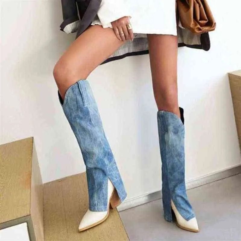 Blue Denim Knee High Boots For Women 2022 Fashion Pointed Toe Thick Heel Cowboy Boots Stora Size Female Shoes H220505240L T220812