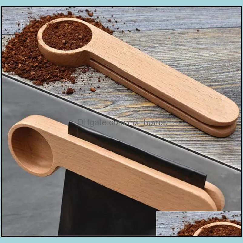 Wood Coffee Scoop With Bag Clip Tablespoon Solid Beech Wood Measuring Scoop Tea Coffee Bean Spoon Clip Gift DH5012