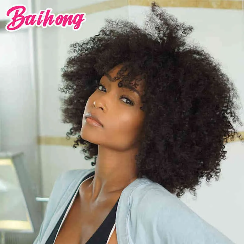 Perruque de Cheveux Humains Pas Cher Avec Une Frange Afro Crépus Bouclés Perruques Brésiliennes Pour Les Femmes Noires Sans Colle Coloré Naturel BAIHONG 220609