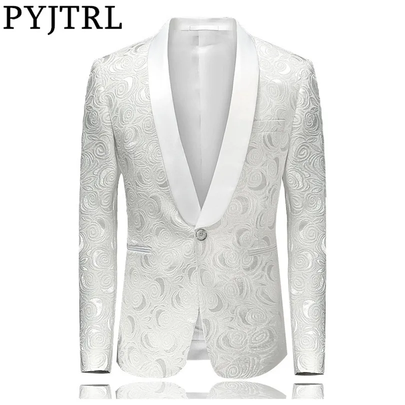 Pyjtrl Erkek Moda Beyaz Gül Jacquard Blazer İnce Fit Takım Ceket 201124