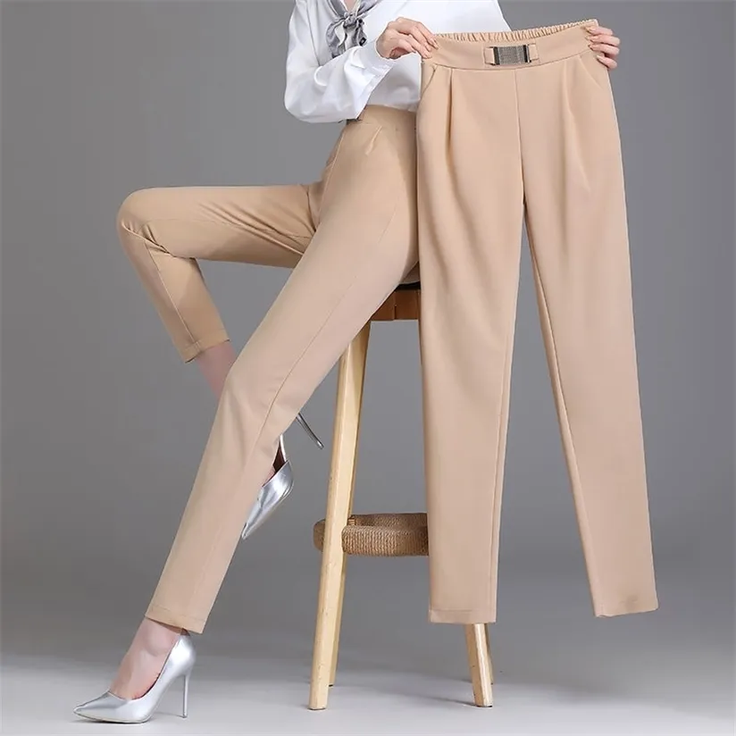 Primavera Mulheres Cintura Alta Sólida Elegante Ankle-Comprimento Calças Escritório Senhoras Skinny Chic Calças Feminino Moda Casual Pant 220325