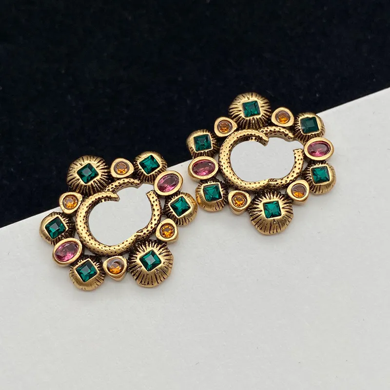 Vintage Women Jewelry Designer Earring For Womens Multicolor Diamond Earrings Luxury Letter G Stud Fashion Golden Studs With Box 2204017WU