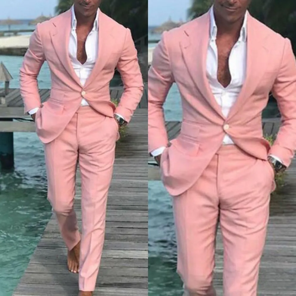 Summer Linen Pink Beach Wedding Tuxedos Peaked Lapel One Button Costume Groom Wear Formal Bestman Blazer Suits Jacket Pants Holiday