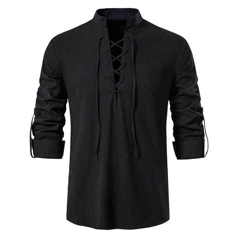 Medieval Gothic Renaissance Mens Cotton Linen Henley Shirt Men