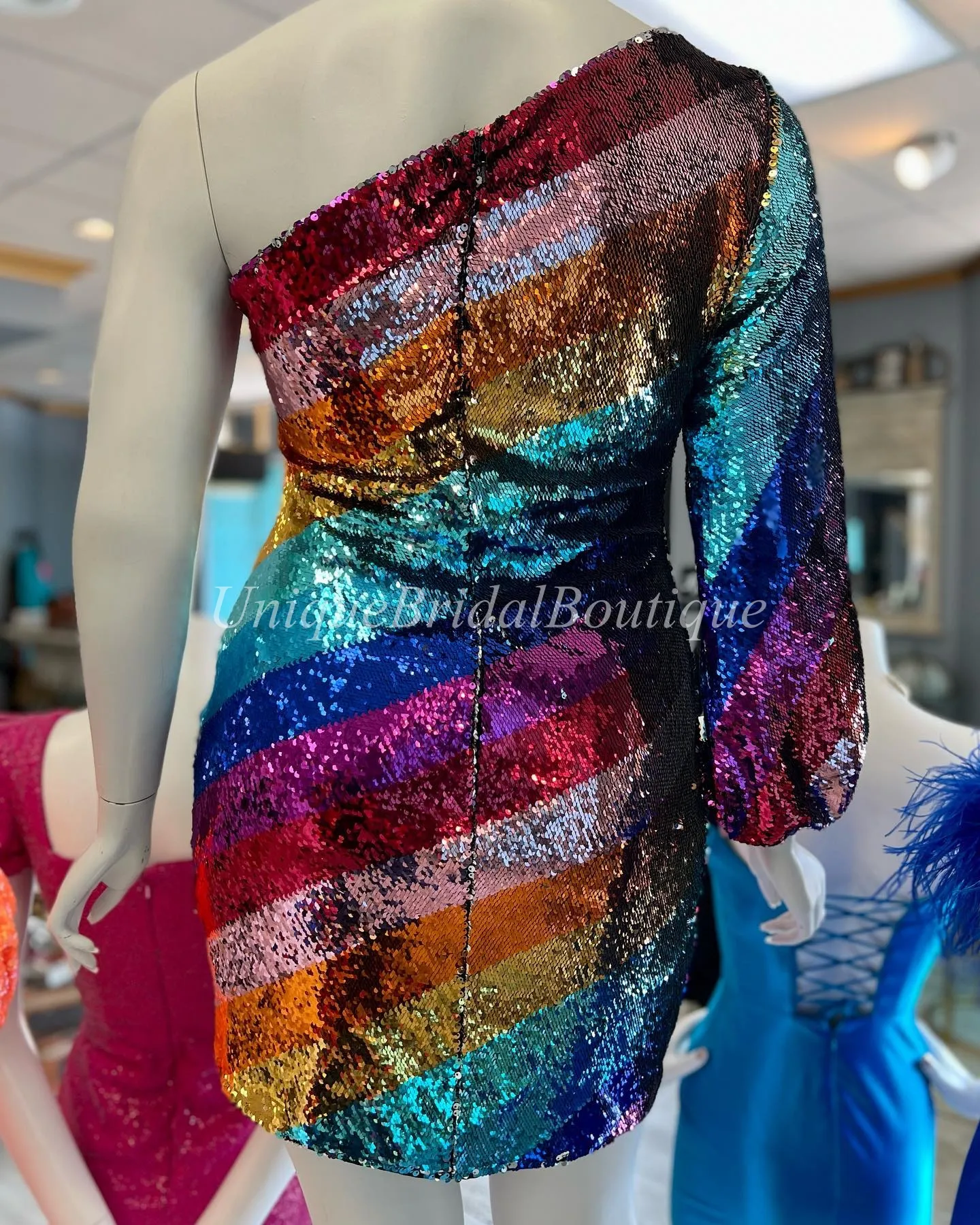 uniquebridalboutique Rainbow Sequin Glitter Cocktail Dress with Long Sleeves Multi Color One Shoulder Gown for Formal Events Parties Night Out Graduation Hoco