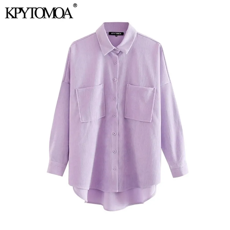 KPYTOMOA Women Fashion Pockets Oversized Corduroy Shirts Vintage Long Sleeve Asymmetric Loose Female Blouses Chic Tops 210326