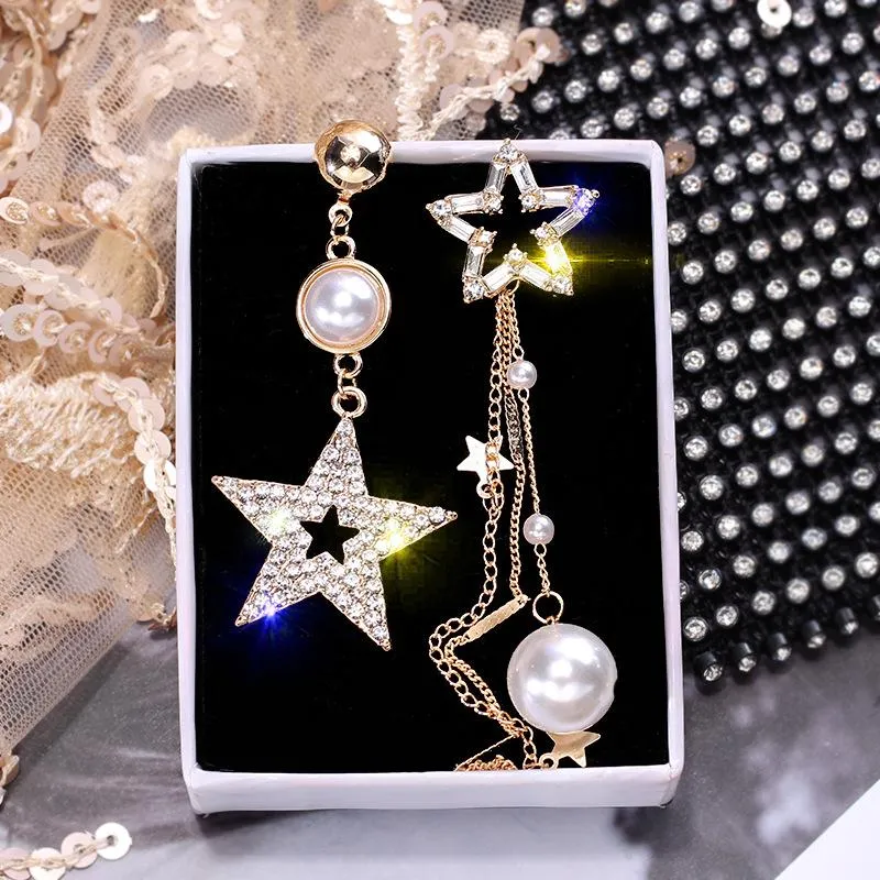 Bengelen kroonluchter glanzende strass star drop oorbellen voor vrouwen asymmetrische parel lange tassel bruiloft feest sieraden cadeausdangle