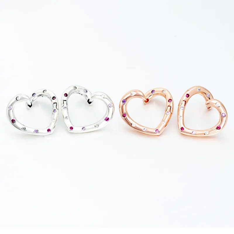 Diamant CZ coloré Amour coeur Hoop Boucle d'oreille en argent sterling 925 Or rose Bijoux de créateur de mariage pour femme avec coffret d'origine pour boucles d'oreilles Pandora