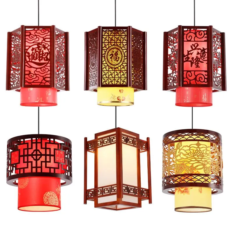 Lampes suspendues Style chinois LED petit lustre restaurant allée couloir lampe en bois massif en peau de mouton éclairage salon décoration E27pend