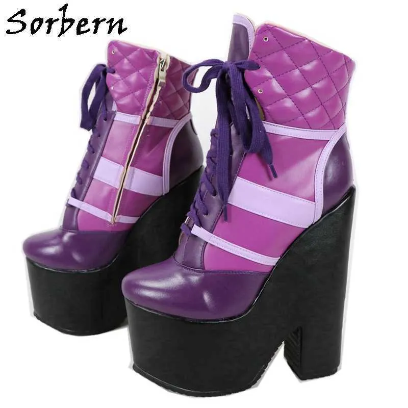Sorbern Customized Ankle Boots Sneaker Block High Heel Thick Platform Rubber Sole Lace Up Purple Black Unisex Booties New