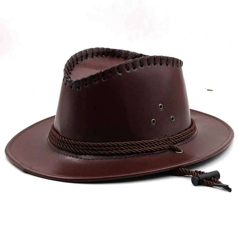 Boinas Hombres Western Cowboy Hat 2022 Faux Leather Caballero Jazz Capa vintage Spring Autumn Autumn High Casting Fishing Fashion Fashion Sun