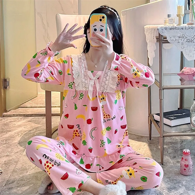 Mulheres Wardmit Pajamas Algodão Cute Long Tops Set Lace Young Girl Pijamas Conjuntos NASSUTE Sleepwear Home Wear 220329