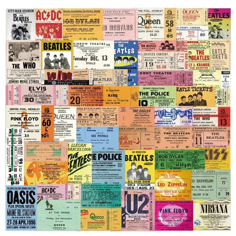 55 قطعة / الوحدة Classic Rock Band Vintage Tickets الكتابة على الجدران ملصق لأجهزة الكمبيوتر المحمول دراجة نارية سكيت Luagage ملصق لاصق غيتار