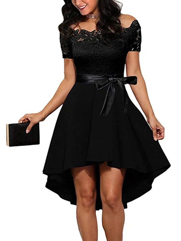 Red Lace Patchwork Slash Neck Short Sleeve Tunic homecoming dress stores - Elegant Summer Evening Party homecoming dress stores for Women (220509)