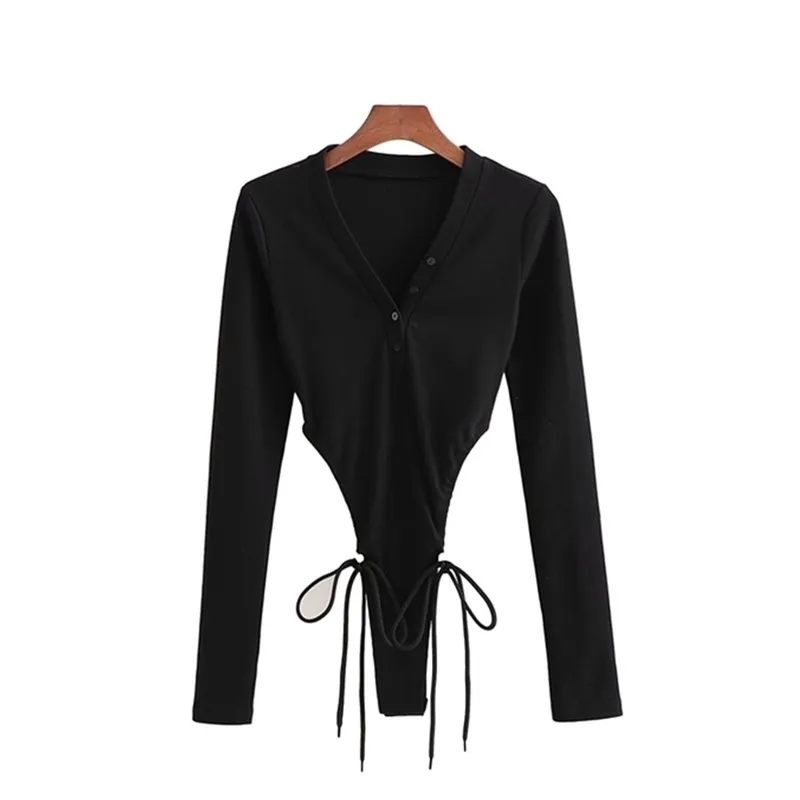 Sexy Woman Black Knitted V Neck Bodysuits Spring Fashion Ladies Slim Drawstring Bodysuit Female Chic Button Knitwear 210515