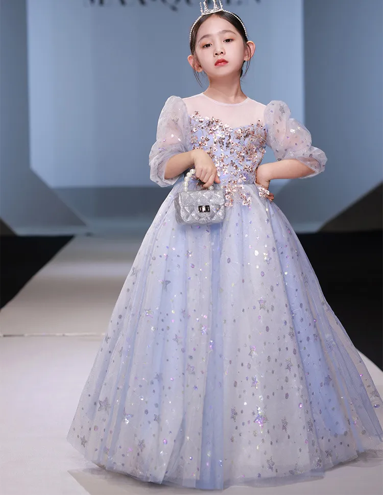 2022 Vintage Flower Girl Dresses per abiti da sposa Abiti da pavimento Piano Pailletted Blingbling Lace Tulle Senza maniche Girls Pageant Birthday Party Dress