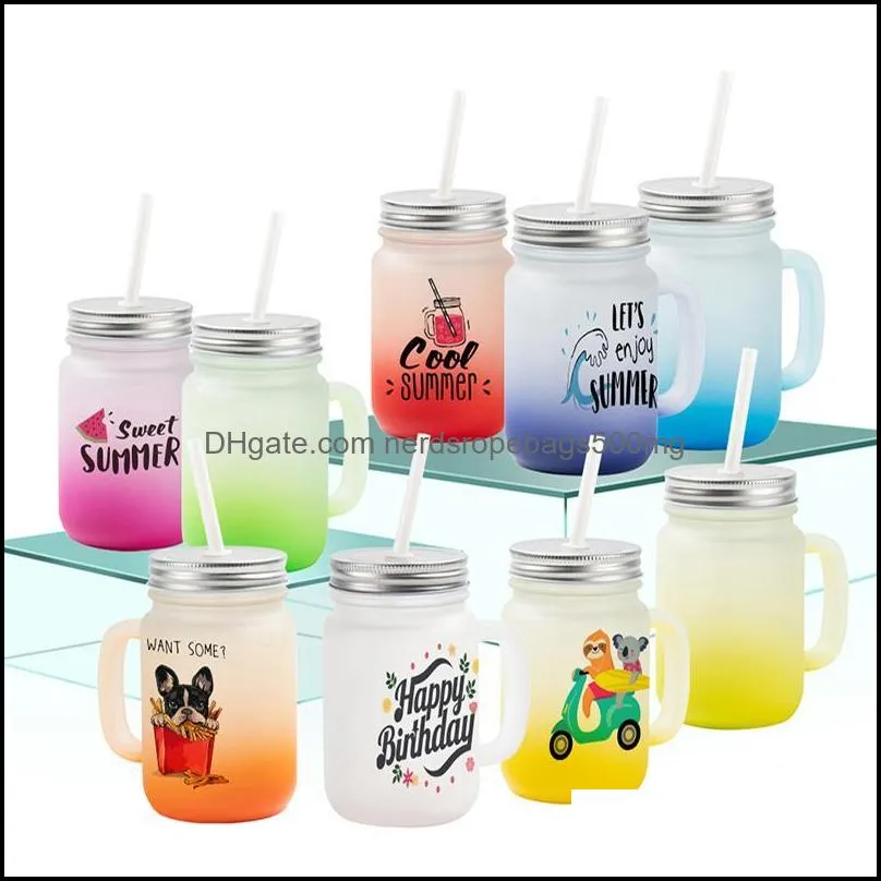 15oz Sublimation Handle Tumblers Gradient Frosted Glasses Handcup DIY Heat Transfer Wine Tumbler Beer Cups 8 Color Mugs by sea