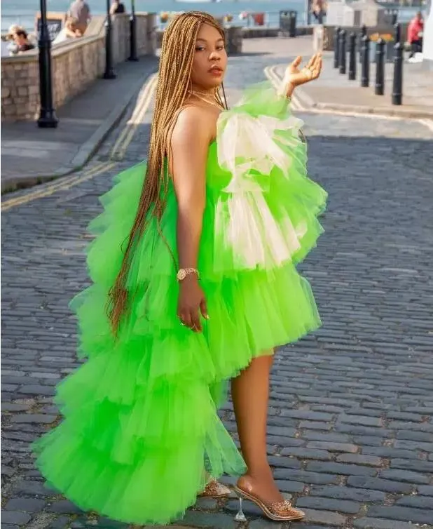 Stunning Green Tiered High Low Layered Tulle Prom Dress For Black