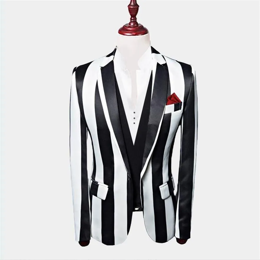 2020 Black And White Striped Blazer 3 Pieces Mens Suits Custom Made Wedding Tuxedos Jacket Pants Vest224D
