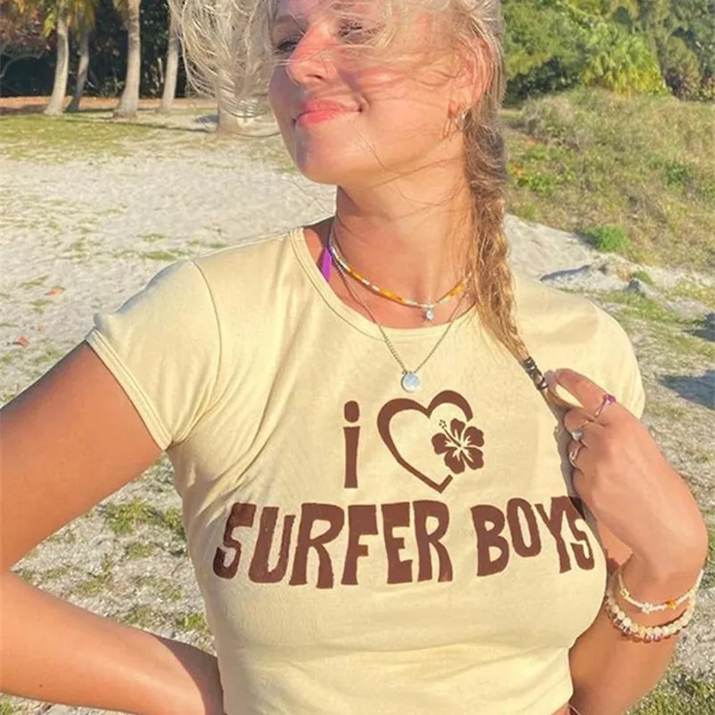 Jacqueline Summer Retro Y2K Letter T-shirts Women mode Kort ärm Tee Casual O Neck Crop Top Street Fairycore kläder 220510