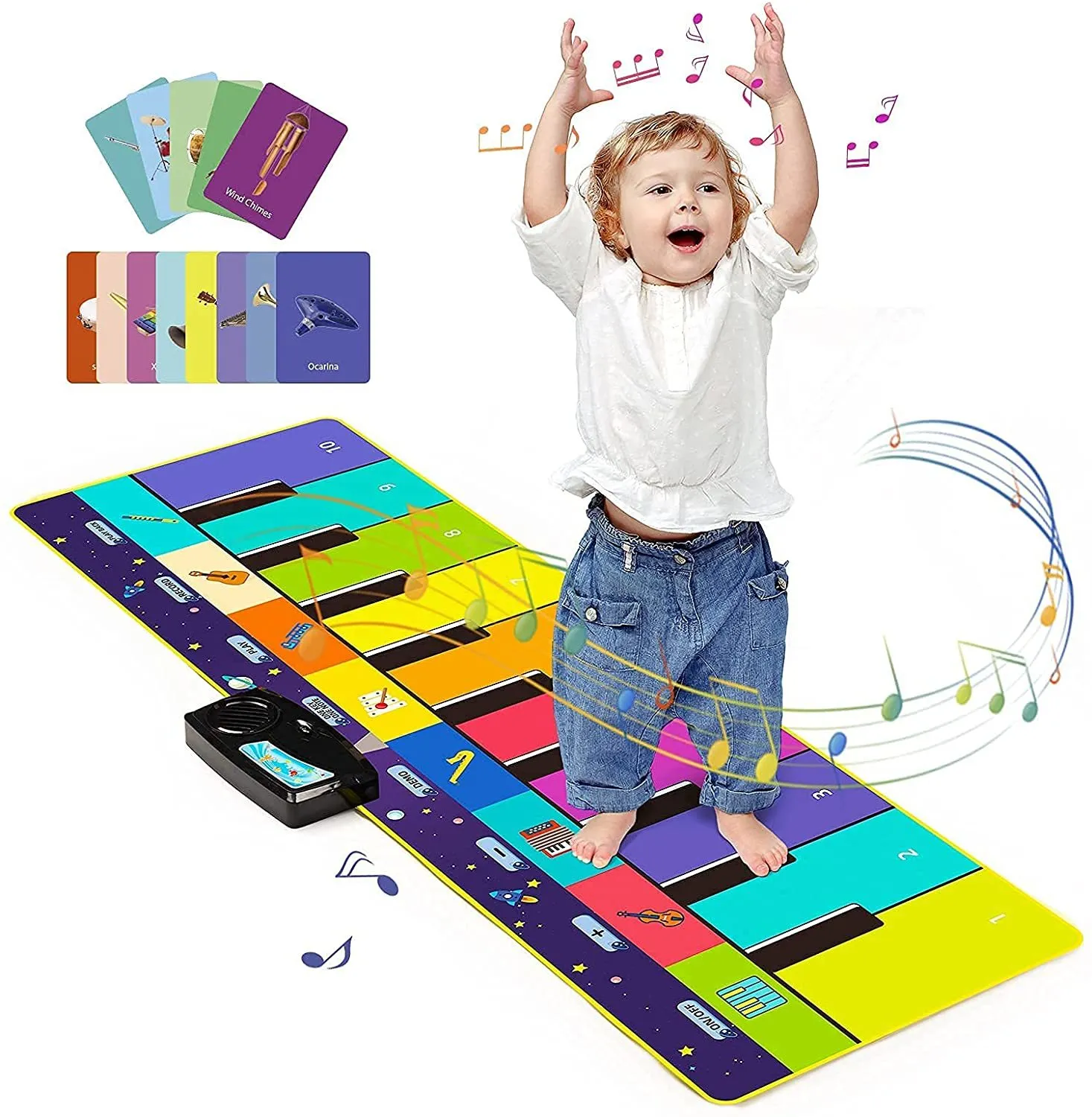 110x36cm Kids Toddlers Keyboard With 8 Instrument Sounds Baby Play Musical Piano Mat 14 Flash Cards Study Educational Toys